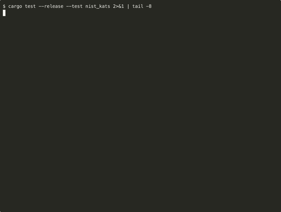 mlkem-rs running 180 NIST ACVP vectors, 3000-seed cross-check, and a Kani formal-verification proof